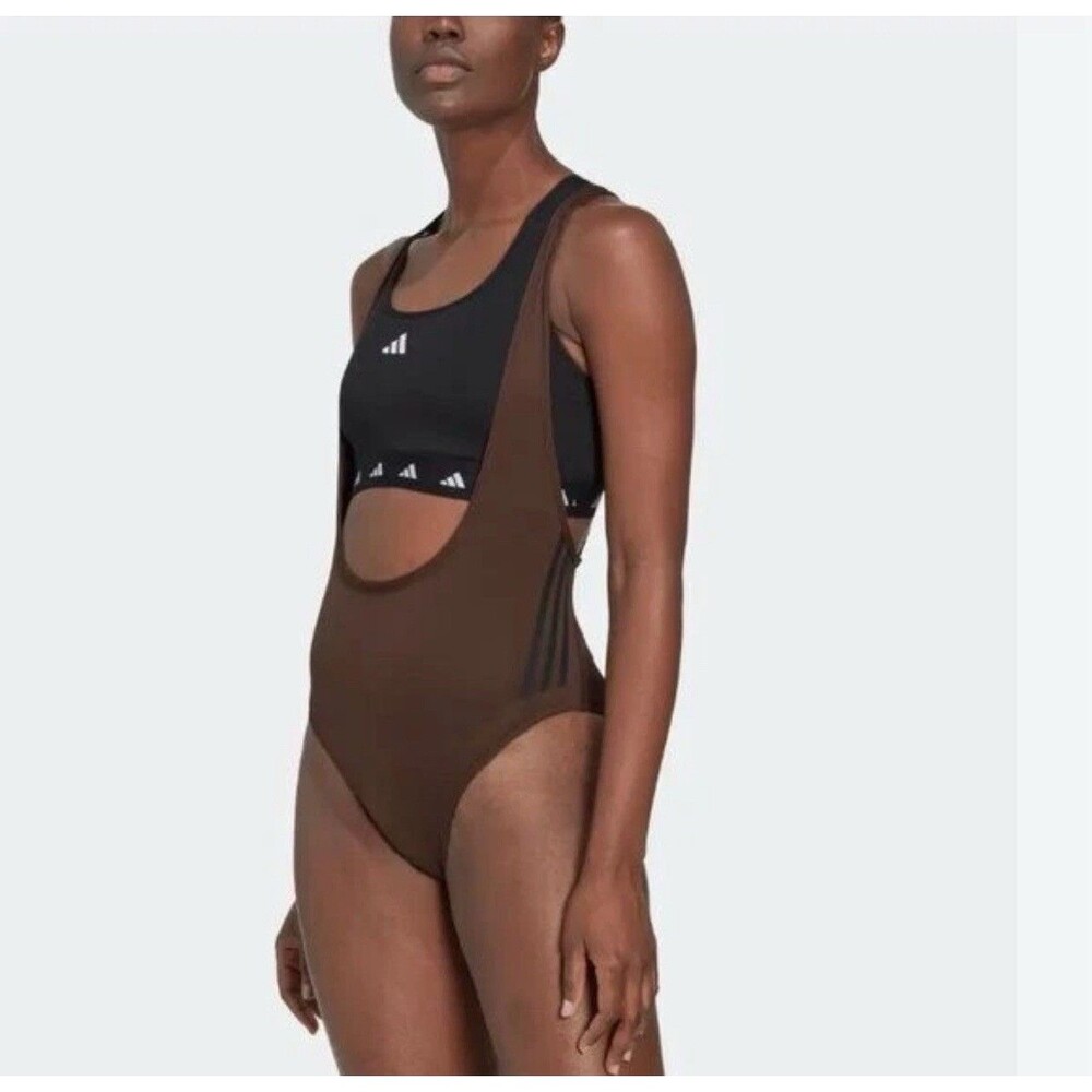 Adidas New Leotard Suit SMALL Women Train Icons 3 Stripes One Piece Brown HN0643